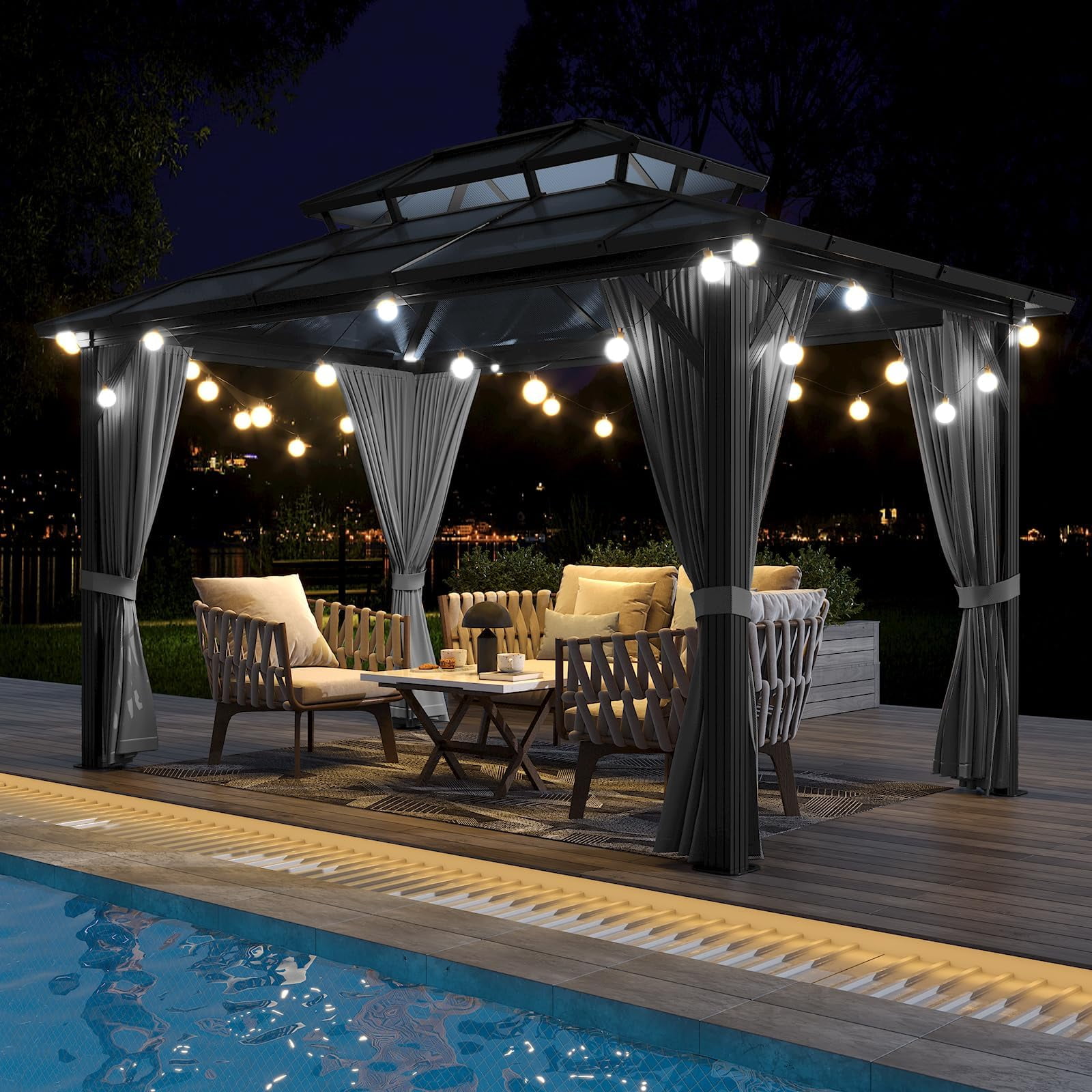 Soonbuy 12'x10' Aluminum Permanent Hardtop Gazebo with Double Roof, Includes Removable Curtains & Mosquito Netting for Patio, Garden, and Backyard Use(ship in 2 boxes)