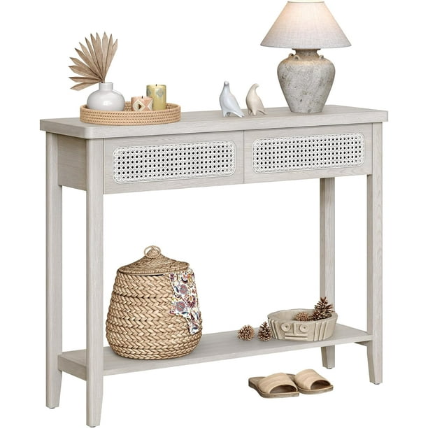 VASAGLE Mesa de Consola para Recibidor, Mesa de Sofá Delgada para Salón, Mesa de Entrada con 2 Cajones, Estante Abierto, Esquinas Redondeadas, Estilo Boho, Beige Roble LNT016Y57