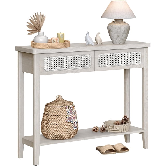 VASAGLE Mesa de Consola para Recibidor, Mesa de Sofá Delgada para Salón, Mesa de Entrada con 2 Cajones, Estante Abierto, Esquinas Redondeadas, Estilo Boho, Beige Roble LNT016Y57