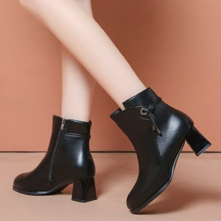 

TALKVE Fashion Women Artificial Leather Solid Color Winter Keep Warm Plush Thick Sole Square Heels Zipper Short Booties Round Toe Shoes