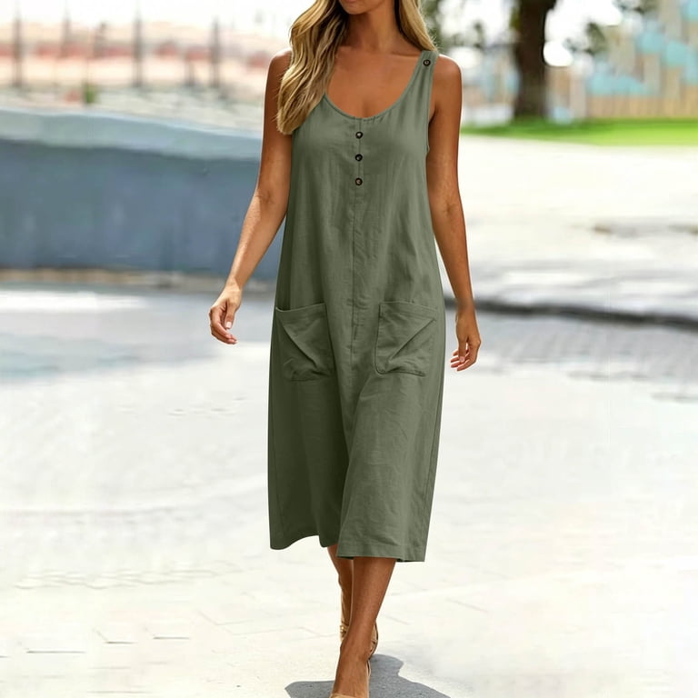 olive green boho dress Qulqfy Dresses for Women Cotton Linen Flowy Maxi Tank Navy Scoop Neck Casual Button Down Pleat Vacation Sundress with Pockets M Plus Size Navy Floral exclusive-ivy-print customized fit Colour:NOIR BLOOM