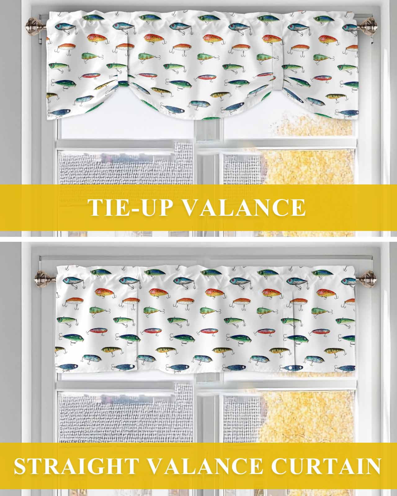Fish Tie Up Valances Curtain, Adjustable Kitchen Colorful Hook Bait Leisure Fishing Watercolor Valances for Windows Decor, Rod Pocket Short Curtains Set for Bedroom/Bathroom, 60"x18"