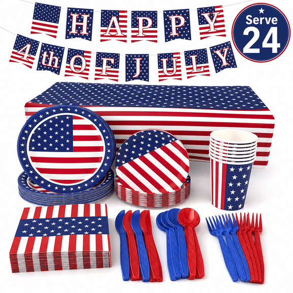 4th of July Decoration Patriotic Party Supplies Paper Plate Banner Tablecloth Napkins Disposable for Independence Day Memorial Day Serve 24 Pattern 1