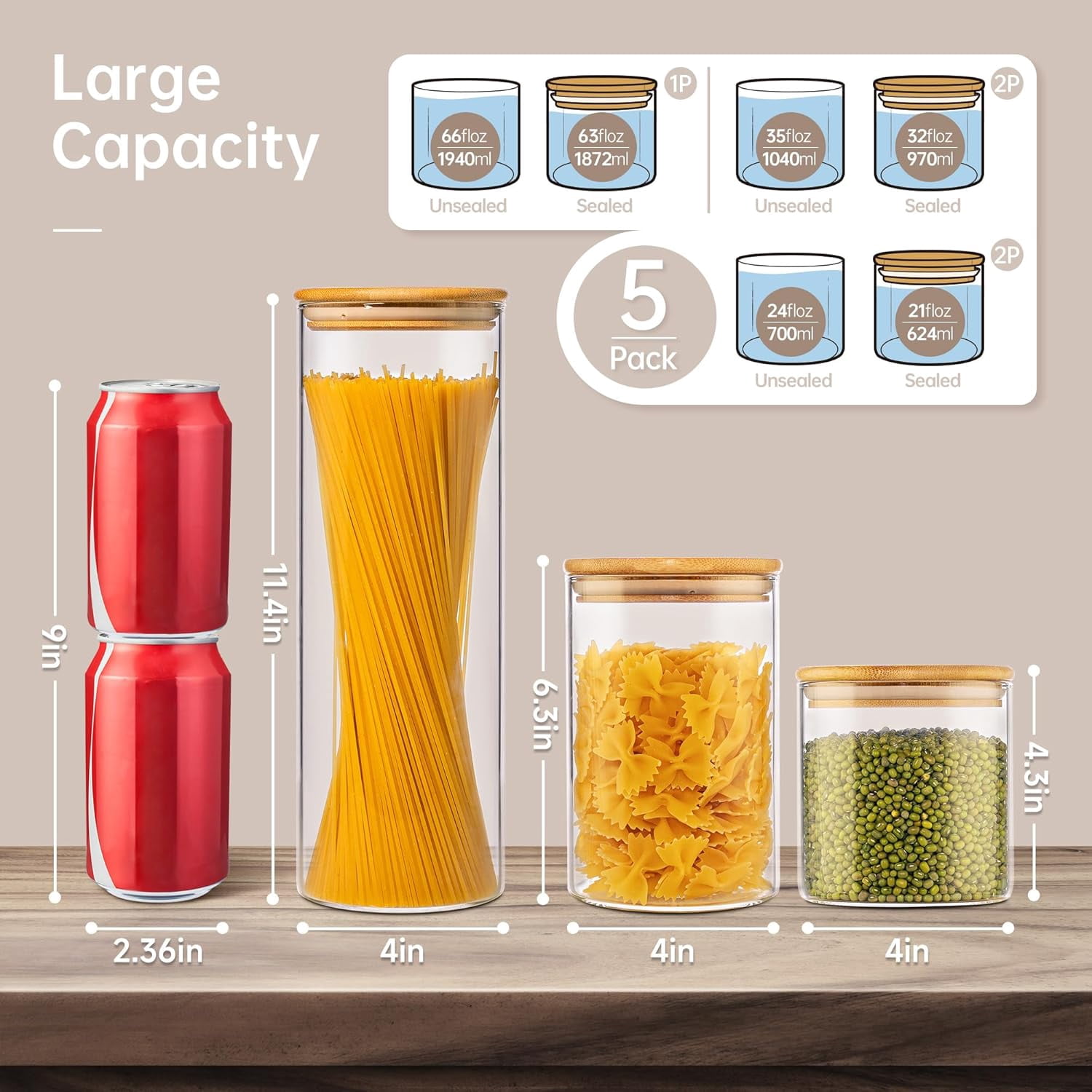 GRD Multi Size-5 Pack Glass Jars with Bamboo Lids,Glass Pantry Storage Containers with Airtight Lids,Round Air Tigh Food Storage Canisters for Cereal,Pasta,Flour,Sugar, Best for Kitchen Organizer