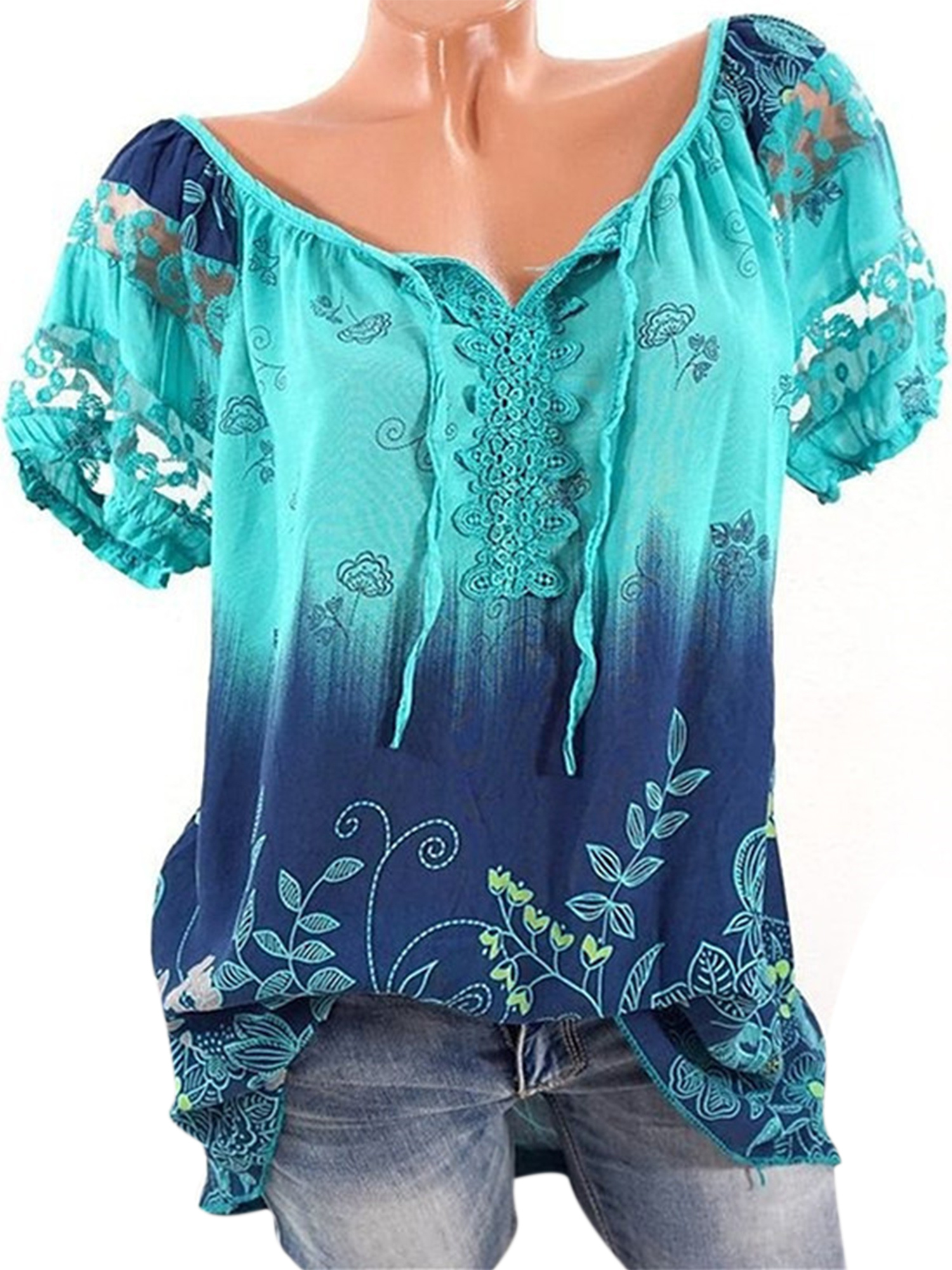 UPAIRC Plus Size Women Short Sleeve Boho Floral T Shirt Summer V Neck
