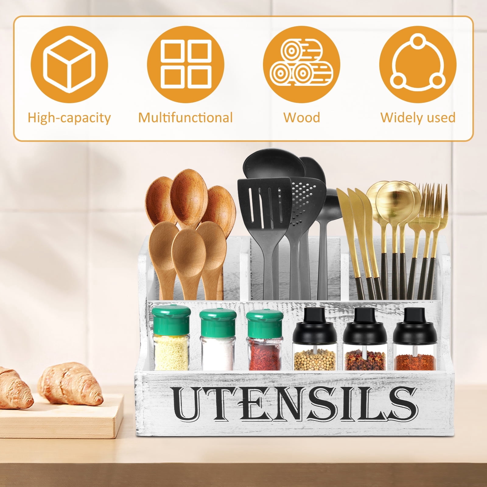 FUYGRCJ Extra Large Kitchen Utensils Holder with 4 Compartments, 2 Layers Wooden Utensil Holder Organizer for Countertop, Farmhouse Utensil Storage Caddy, Rustic Cooking Utensils Organizer