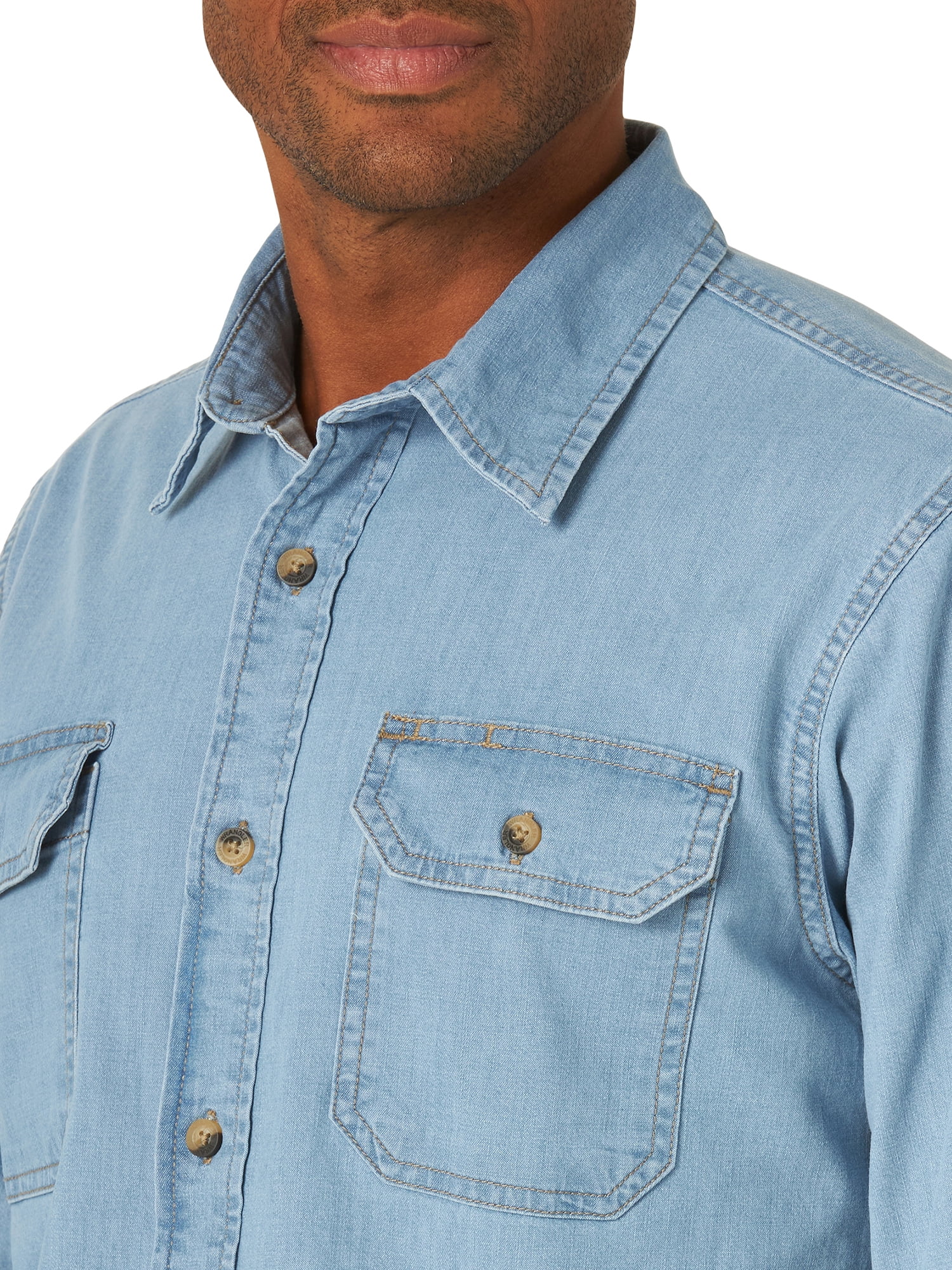 Wrangler Men's Shirt Comfort Flex Short Sleeve Denim Twill Button