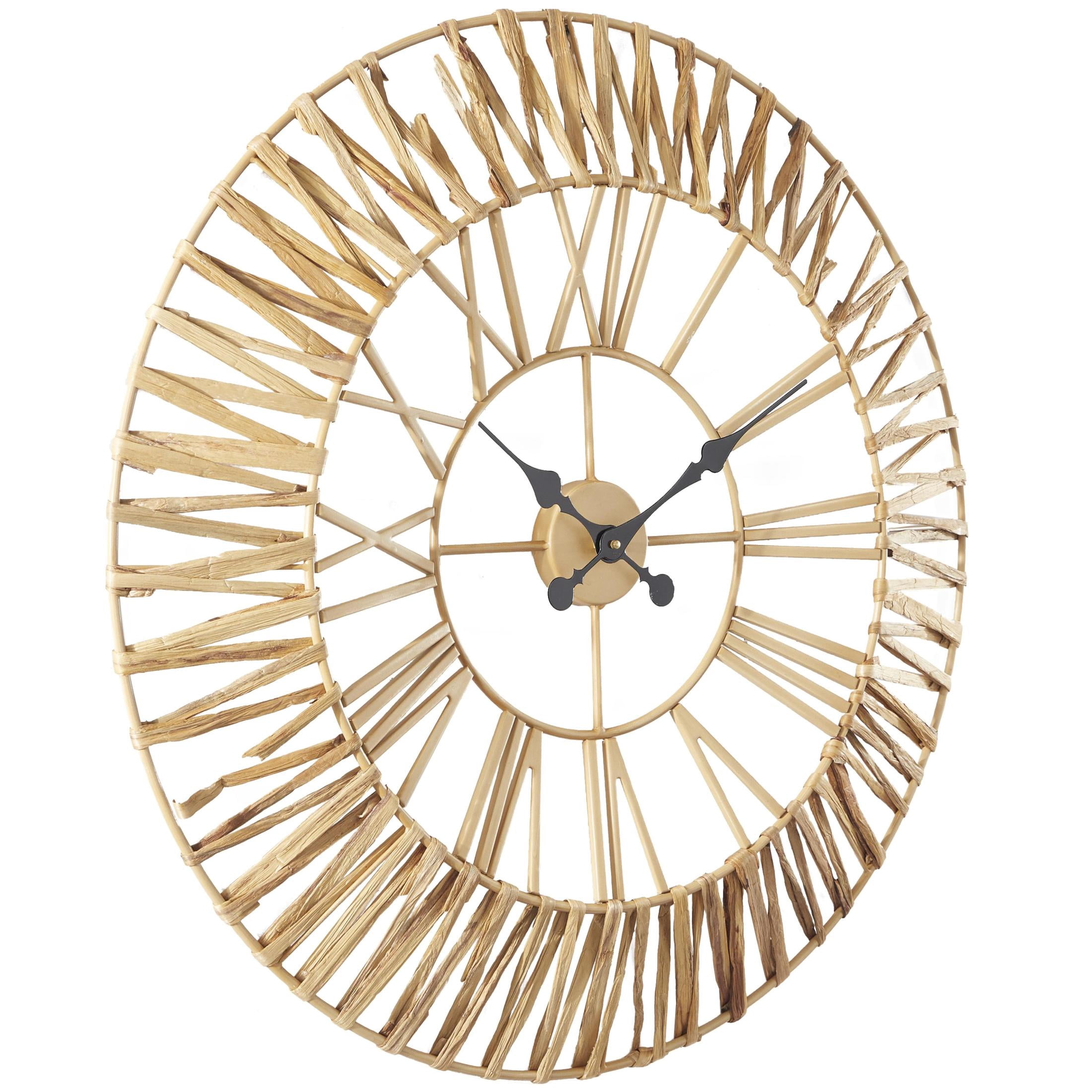 DecMode 31" Brown Seagrass Woven Wall Clock with Gold Metal Frame