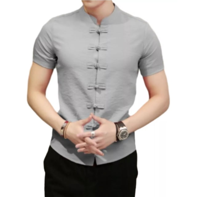 Camisa Hombre Cuello Mao Color Sólido Manga Corta -bruce Lee