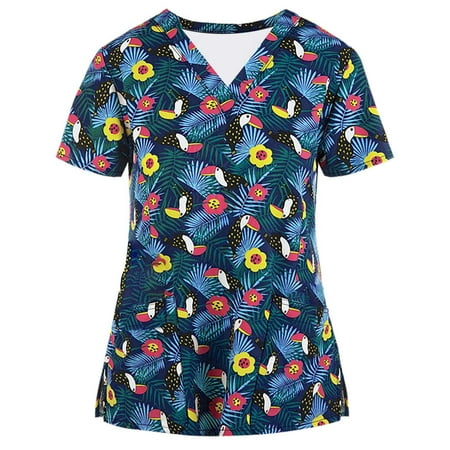 

CYMMPU Short Sleeve Scrub_Tops Clearance Women s Fashion Shirts Summer Tunic Nurse Uniform Workwear V-Neck Working Uniform Trendy Clothing Retro Floral Printed Pattern Green XL