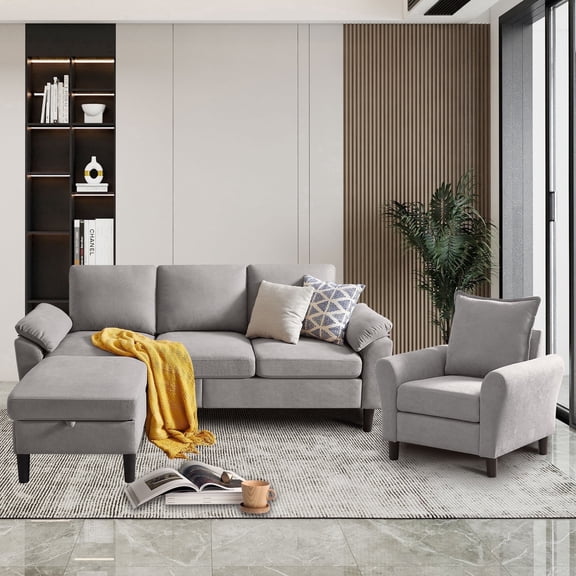 Pingliang Home Living Room Furniture Set,Sectional Sofa and Accent Chair,3 Seat L Shaped Couch with Reversible Storage Ottoman and Armchair, for Living Room Office Apartment Studio