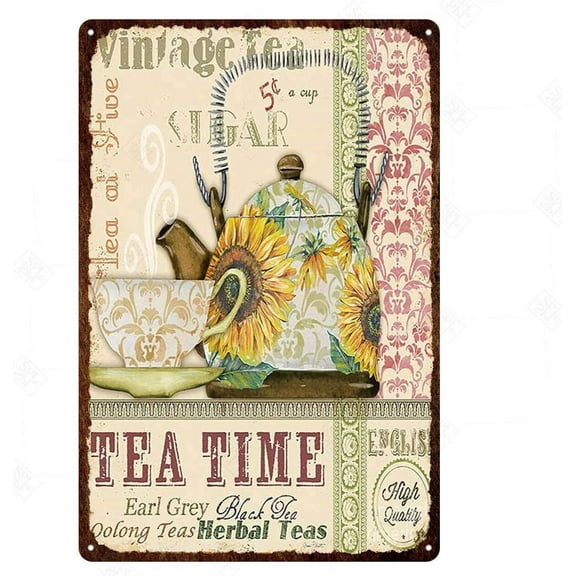 Vintage Metal Sign Tea Time Retro Poster Plaque Tin Sign Wall Decor for Kitchen Bar Pub Farm House 12x8inch