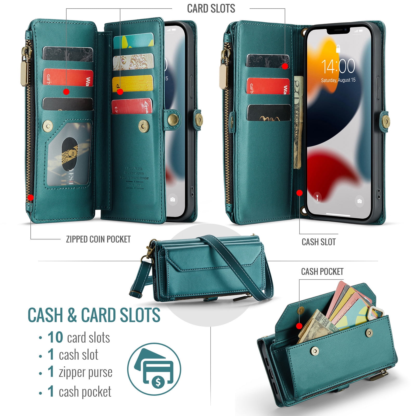 Compatible with iPhone 14 Pro Max 6.7 inch Zipper Wallet Phone Case Tempered Glass Screen Protector Crossbody Lanyard Strap Flip Card Holder Slot Cell Cover for iPhone14promax i14 P14Max Women Green