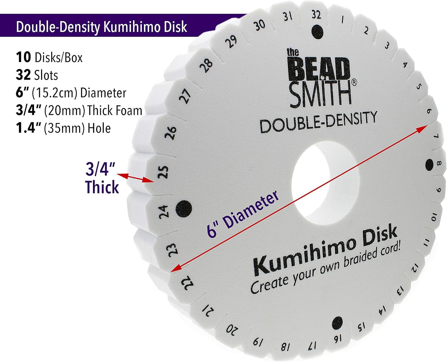 The Beadsmith Round Kumihimo Disk, 6 inch diameter, 0.75” (20mm) thick double dense foam, Jewelry Tools for Braiding, box of 10 disks