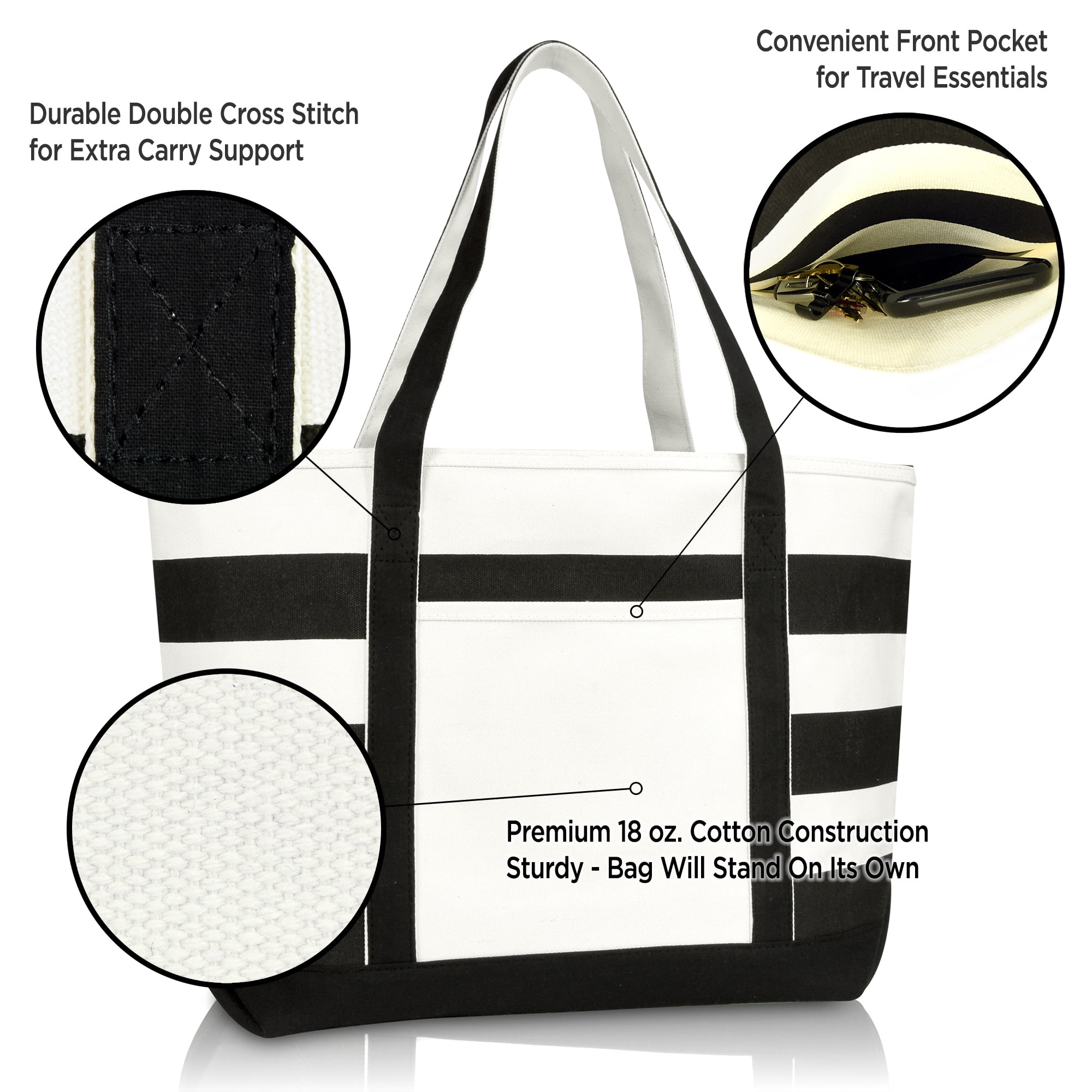 DALIX Striped Boat Tote Bag - Premium 18oz Cotton Canvas, 23"L X 15"W, Zippered Top, Mint Green/White - View #2