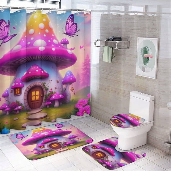 Charming Mushroom House in Fantasy Garden Shower Curtain Sets Non-Slip Rugs Bath Mat Toilet Cover U Shaped Mat 4 Pcs