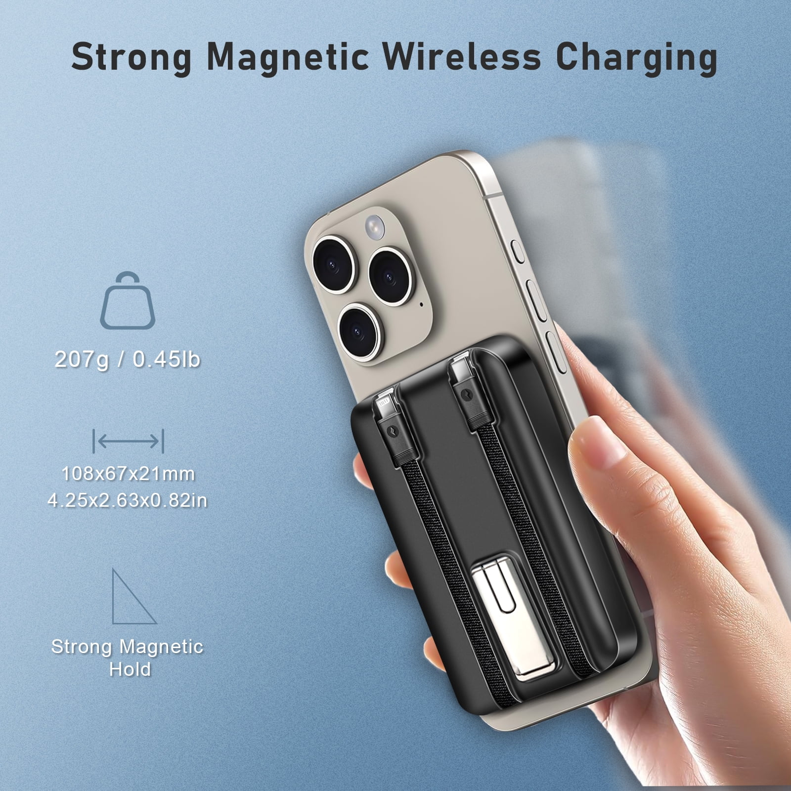 Yelomin Magnetic Wireless Portable Charger, 10000mAh Power Bank with Built in 2 Cables, Foldable Stand,22.5W Fast Charging Phone Charger Compatible with iPhone 17/16 Series, Samsung, Android, Black