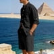 thumbnail image 5 of Ceisia Men's Casual Linen-Like Solid Color 2-Piece Outfit Stand Collar Long Sleeve Shirt and Drawstring Shorts Set Gift, 5 of 9
