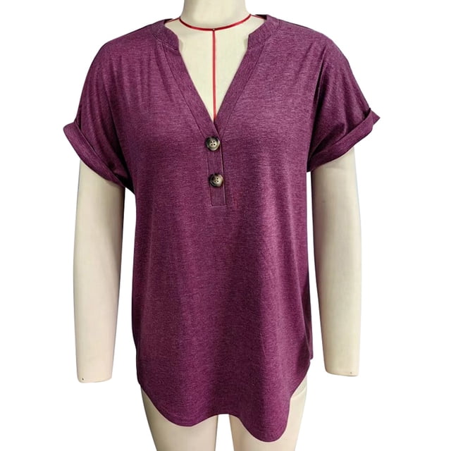 Top con botones y cuello en V para mujer, blusa holgada informal elegante de color liso, camisa de manga corta para trabajo de oficina, fucsia M
