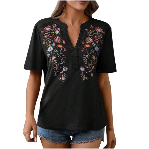 Zekutng Womens Summer Tops Summer Embroidered Loose Casual Short Sleeved Top,Sizes S-2XL