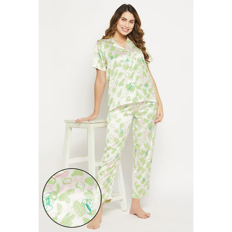 Cactus Print Button Down Shirt Pyjama Set in White Satin