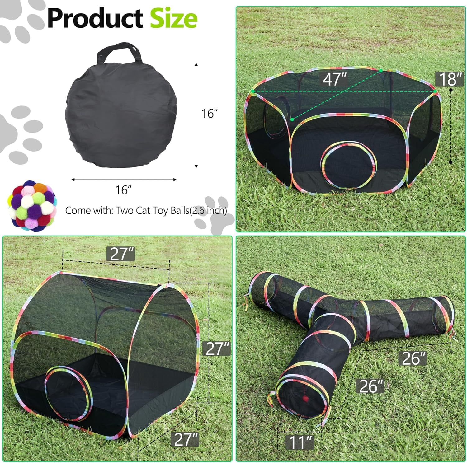 Outdoor Cat Enclosure with Cat Tunnel, Tent, Playhouse and Cat Toy Ball with Bell - Portable Indoor/Outdoor Playpen for Small Cats & Animals