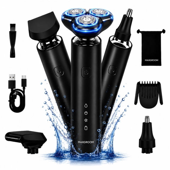 MAXGROOM 3-in-1 Electric Shaver for Men, Dual Ring Foil Razor with Floating Head, IPX7 Waterproof Cordless Shaver, 7500 RPM Motor, Magnetic Detachable Head, Beard Trimmer & Nose Hair Trimmer Kit