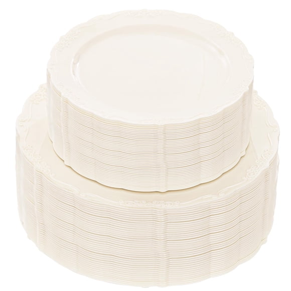 Platos de plástico U-QE Ivory, 100 piezas, para fiestas con 50 platos para cenas de 26 cm y 50 postres de 19 cm