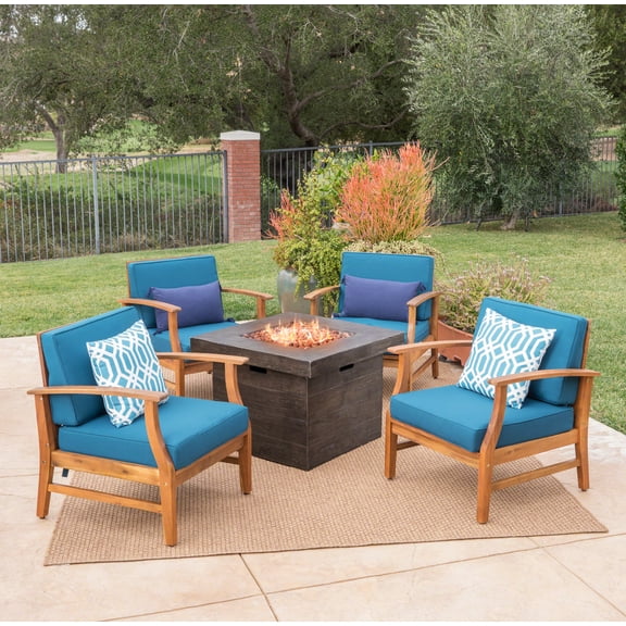 Karla Outdoor 4 Seater Acacia Wood Club Chairs with Cushions and Fire Pit,Brown,Teak,Blue
