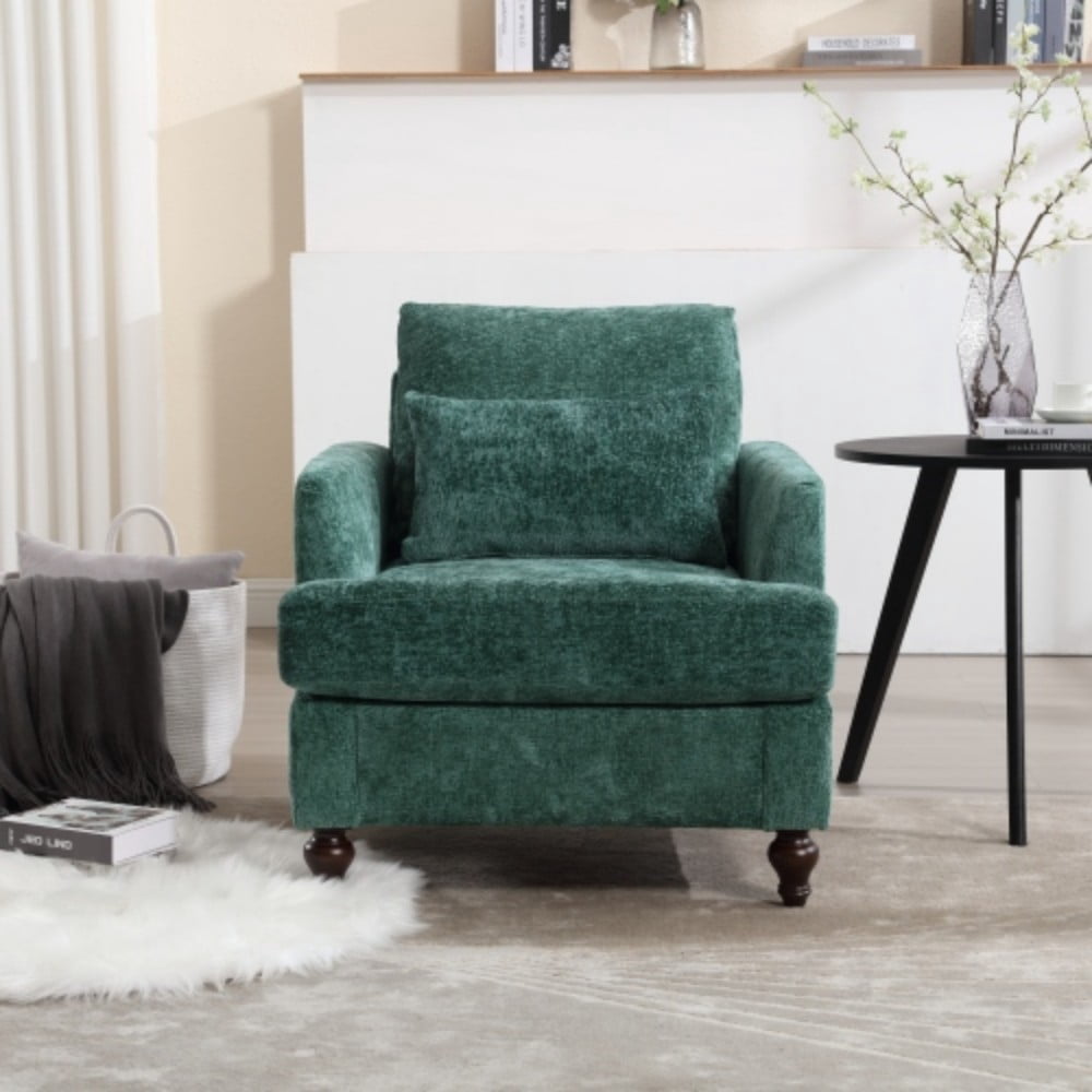 Accent Chair, Mid Century Modern Chenille Armchair with Tufted Back, Studded Solid Wood Frame, Upholstered Lounge Chair for Living Room, Bedroom, Emerald