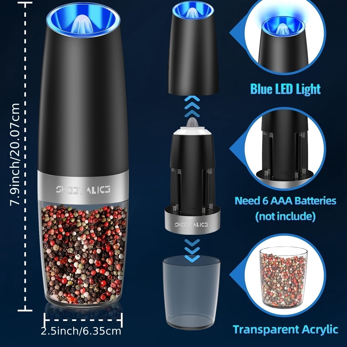 Electric Salt And Pepper Grinder Set, 3.72oz Larger Automatic Salt And Pepper Mill Grinder with 6 Adjustable Coarseness, Electric Salt And Pepper Shakers, LED, 1/2 Packs, Black