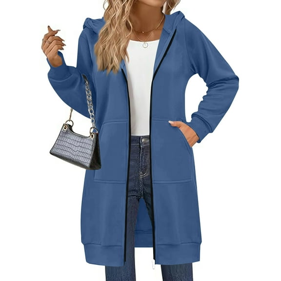 Dwellite Wateresty Women's Casual Zip Up Fleece Hoodies, Long Zip Up Hoodie Sleeve Long Tunic Sweatshirts Sweater Dress Fall Jacket Coat Blue 2XL
