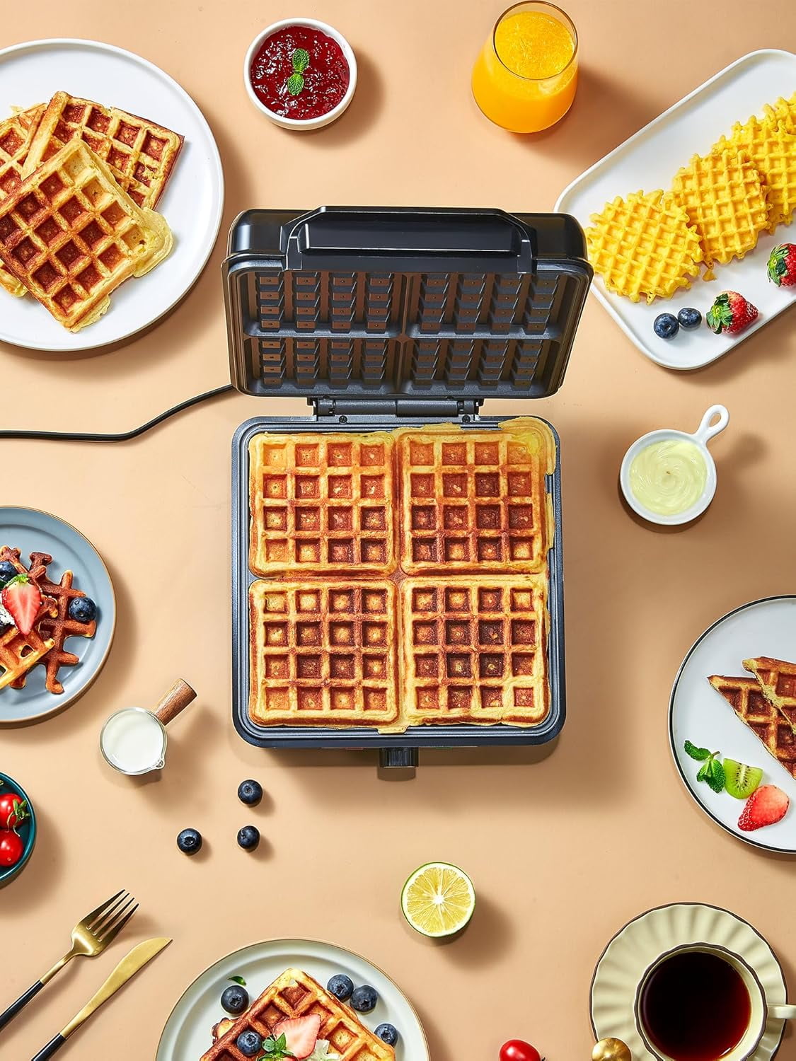 Reemix Belgian Waffle Maker, 4-Slice, 1200W Non-Stick Waffle Iron with Browning Control, Indicator Lights, Cool-Touch Handle, Silver/Black