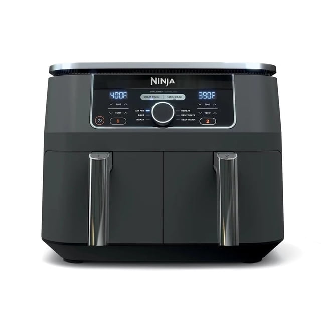 Reacondicionado Air Fryer Ninja AD150 Foodi, 8 cuartos de galón, 6 en 1, DualZone, negra — Vista frontal centrada de la freidora con dos cestas independientes y panel digital superior; carcasa negra satinado con pantalla LED azul, perillas y botones táctiles, dos manijas cromadas en las cestas y controles para freír al aire, asar, hornear, deshidratar y recalentar; suele usarse para preparar porciones separadas o como unidad de apoyo en cocinas pequeñas.