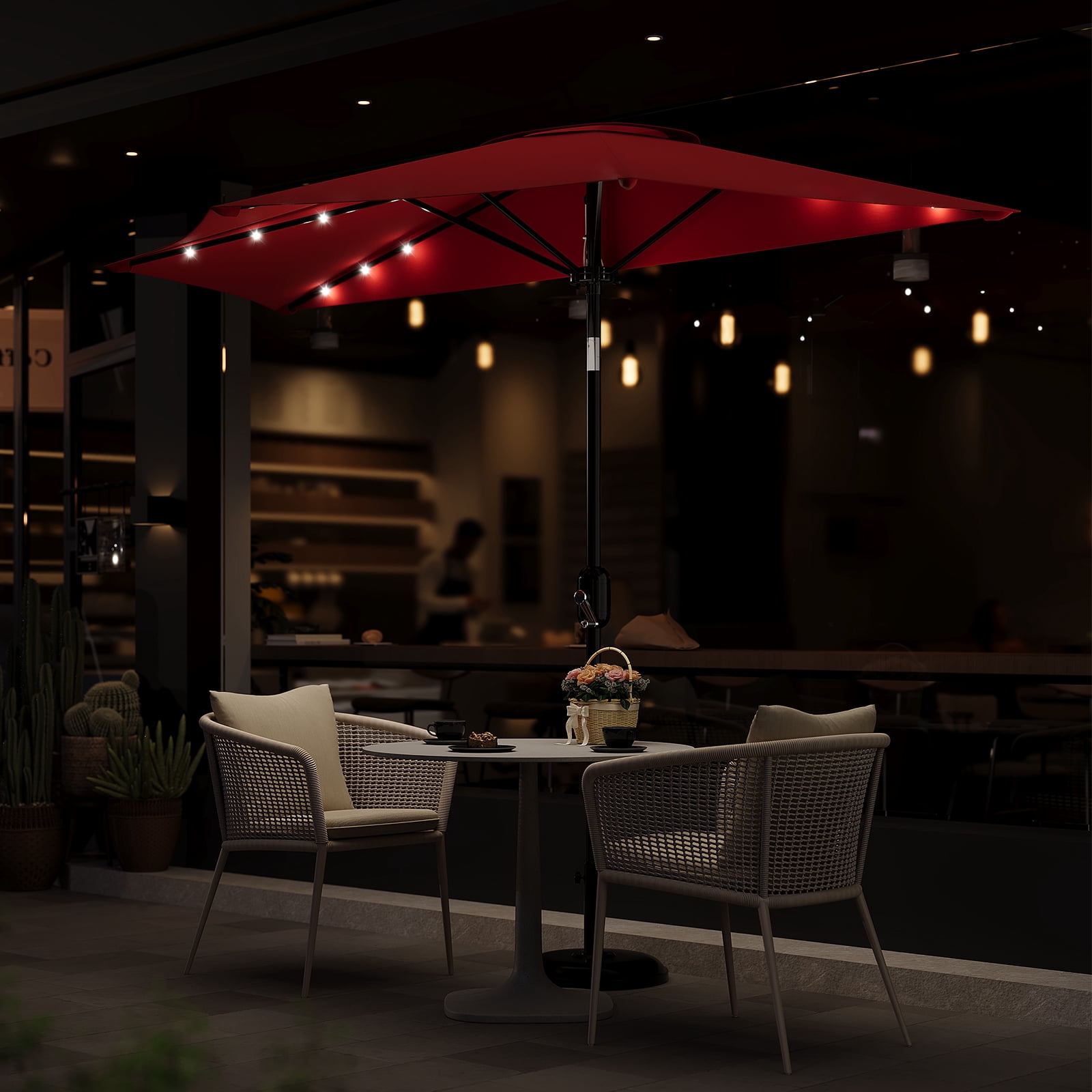 Patio Umbrella 9FT - Half Umbrella Outdoor with Solar LED Lights and Smooth Crank Lift,Outdoor Market Solar Umbrellas for Garden, Deck, Backyard, Pool and Beach
