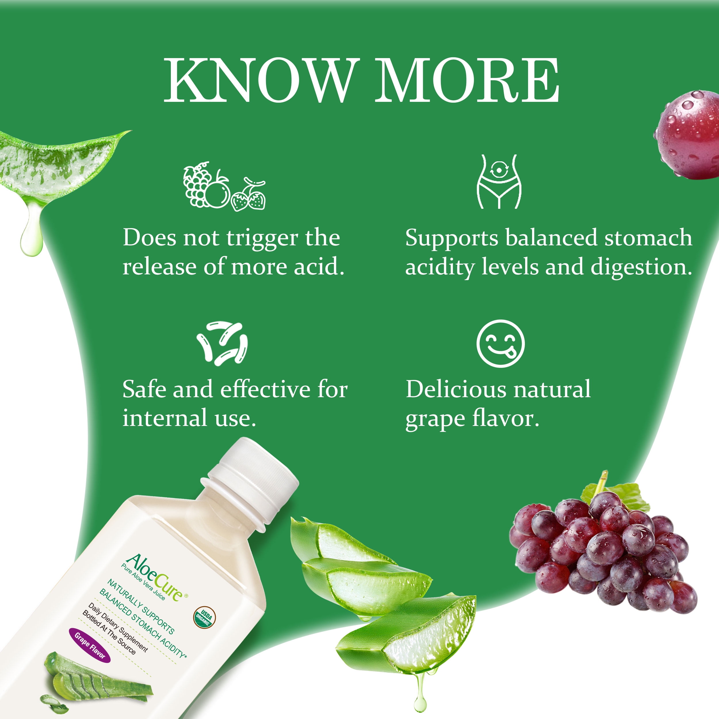 AloeCure USDA Organic Aloe Vera Juice Grape Flavor, Made Within 12 Hours of Harvest - Pure Aloe Vera Drink Natural Treatment for Acid Reflux, GERD, Natural Acid Buffer, Aloe Vera Inner Fillet Juice