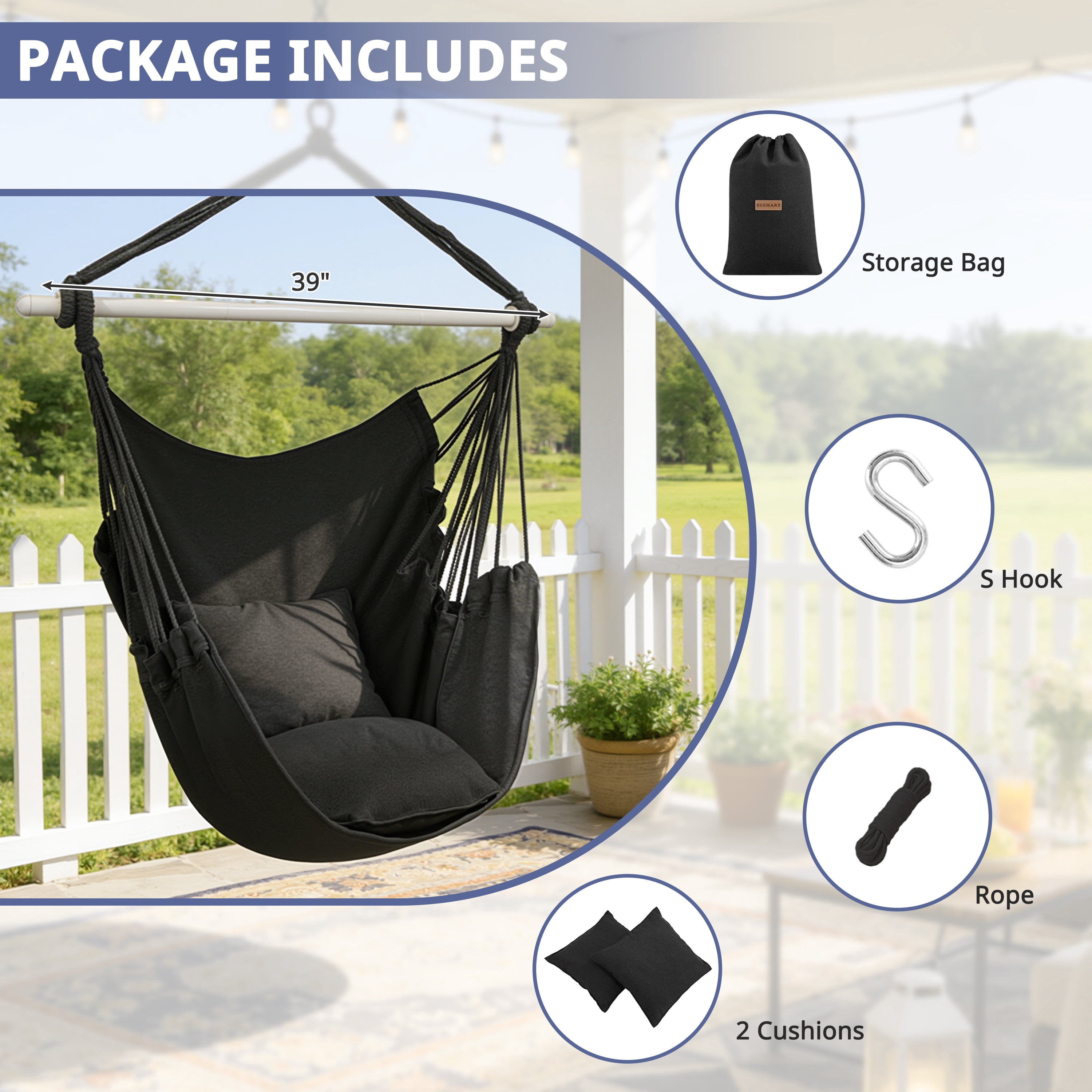 Large Hammock Chair Swing, Relax Hanging Rope Swing Chair with Detachable Metal Support Bar & Two Seat Cushions, Cotton Hammock Chair Swing Seat for Yard Bedroom Patio Porch Indoor Outdoor