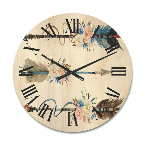 Designart 'Flowers and Ethnic Feathers On Native Arrows I' Bohemian & Eclectic Wood Wall Clock