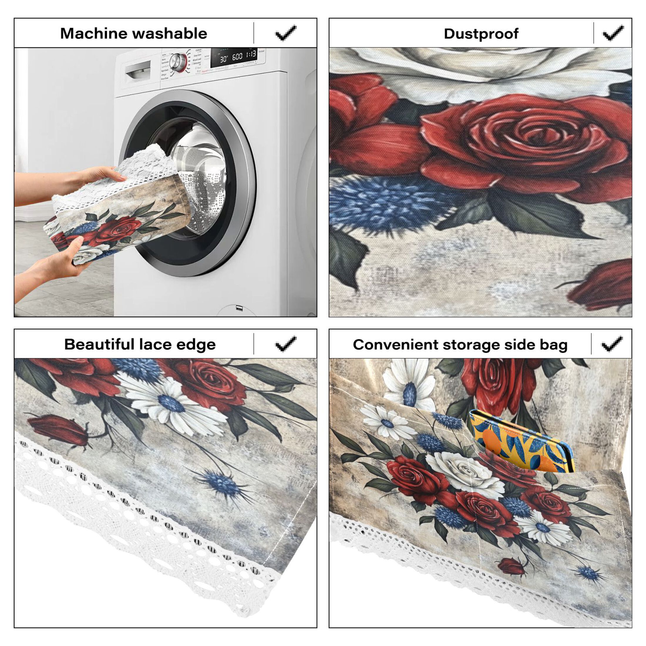 Roses in A VaseWasher and Dryer Covers Dust-Proof and Oil Resistant Fridge Cover with 4 Storage Pockets Washing Machine Top Cover for Laundry Kitchen Home 51.2 x 22 In