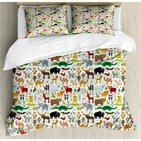 Animals Duvet Cover Set King Size, Repeating Pattern of Animals Leopard Elephant Bison and Seal Educational Cartoon, Decorative 3 Piece Bedding Set with 2 Pillow Shams, Multicolor, by Ambesonne
