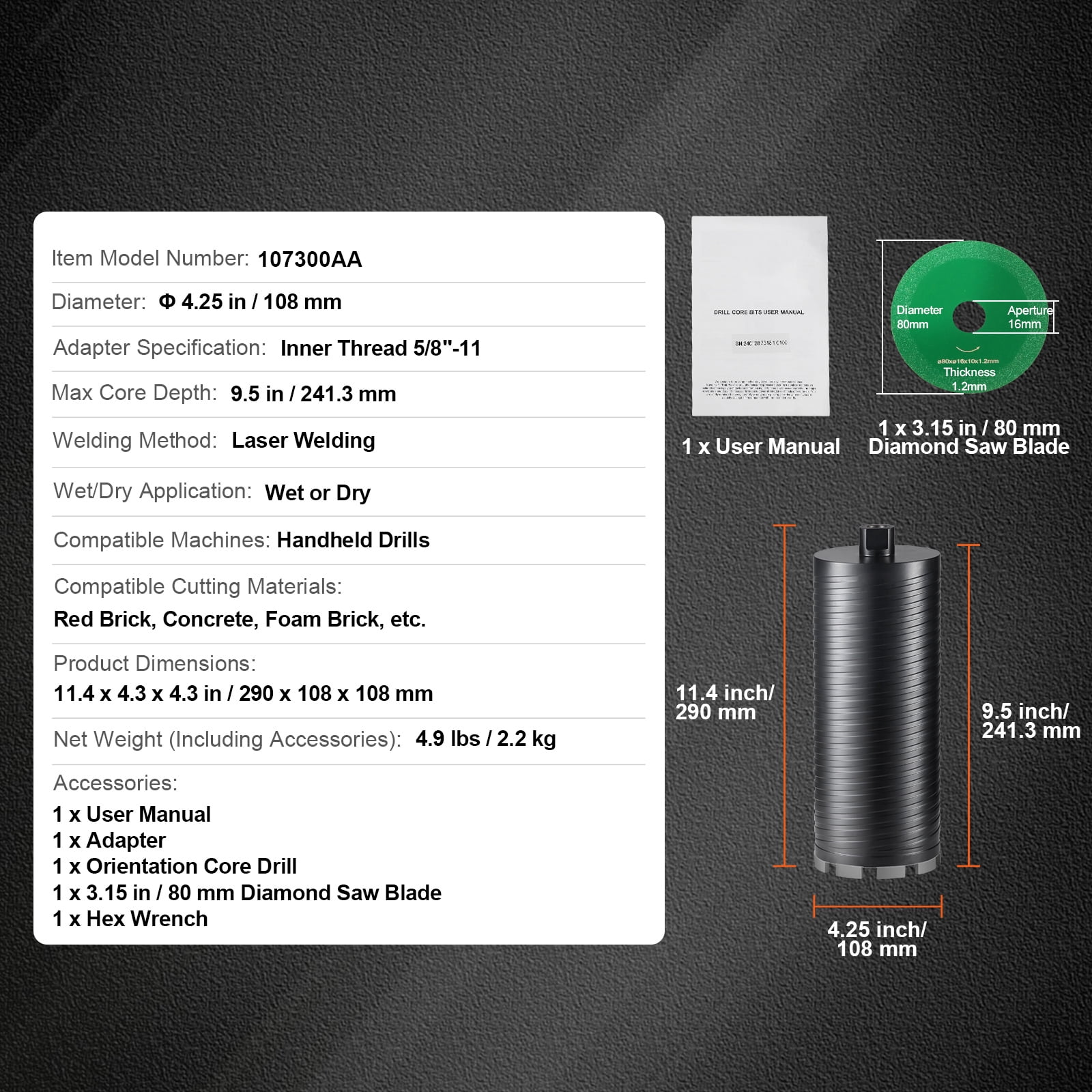 KFFKFF 4.25" Core Drill Bit Wet/Dry Diamond Core Bit for Brick Block Concrete