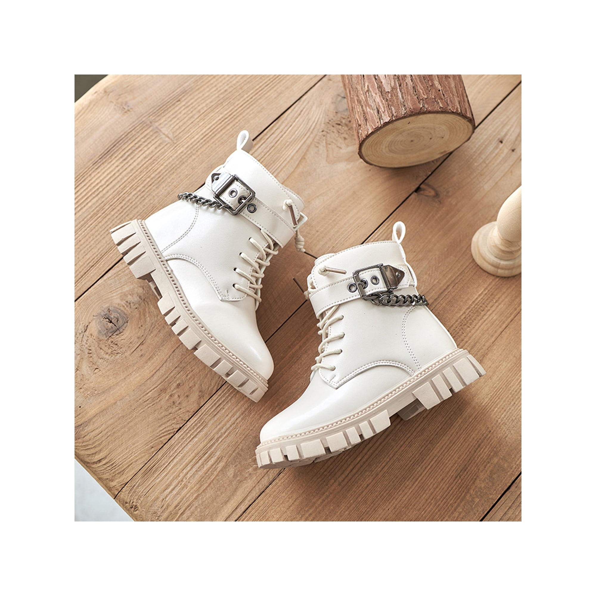 Woobling Unisex Kids Ankle Boots Lace Up Combat Boot Buckle Strap Booties Casual Shoes Girls Boys Non Slip Side Zipper Beige 9.5toddlers