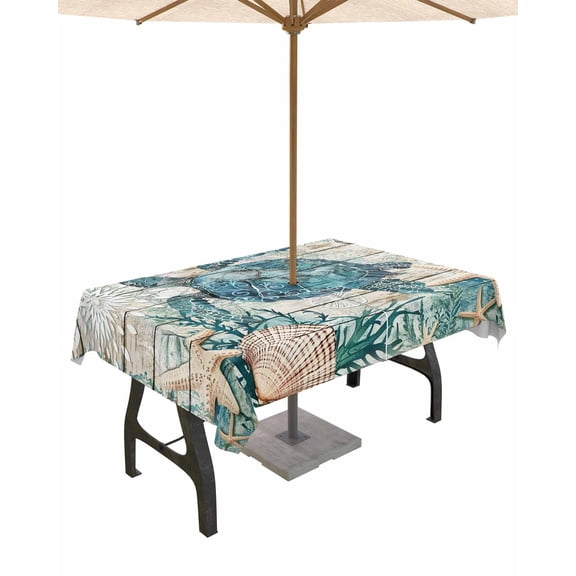 Hokiten Outdoor Tablecloths with Umbrella Hole & Zipper, Teal Coastal Turtle Rectangle Tablecloth 52x70 Inch, Ocean Coral Nautical Anchor Retro Waterproof Table Cloth, Patio/Pool/Picnic Table Covers