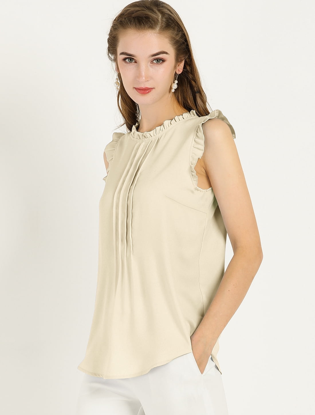 DARING DIVA Women's Ruffled Trim Pleated Plain Blouse Top 2XL Beige