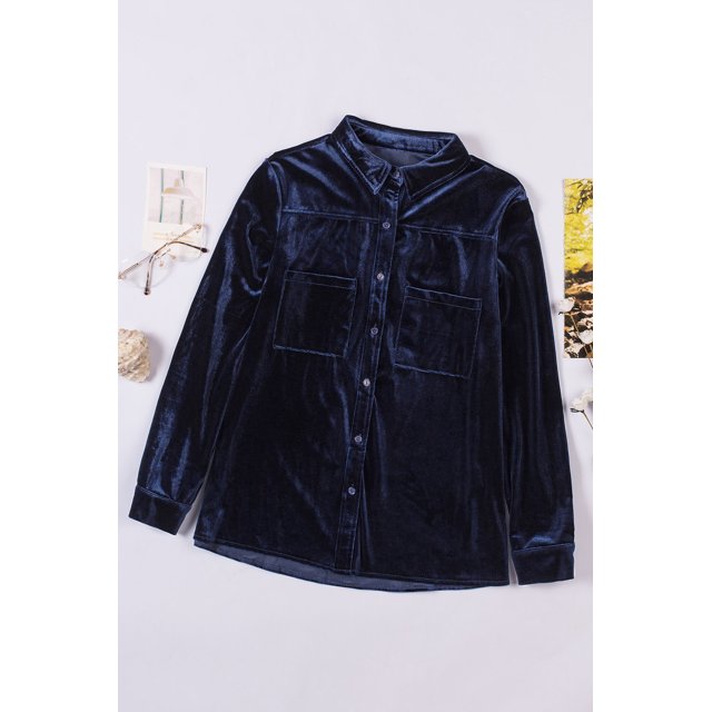 ABPHQTO Camisa de mujer de terciopelo de manga larga con bolsillo abotonado azul marino