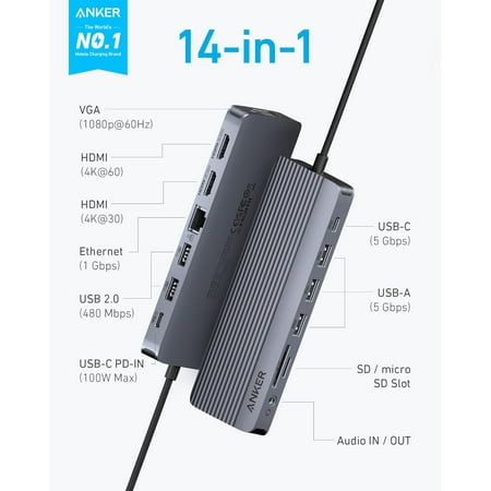 Anker USB-C Hub (14-in-1, Triple Display) - Gray