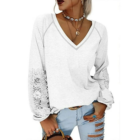 SNKSDGM Women s Plus Casual Easter Shirts Tops for Women Plus Size Women  Autumn and Winter New Solid Color Pullover V Neck Patchwork Lace Sleeve T Shirt Going Out Tops for Women Lace Bodysuit
