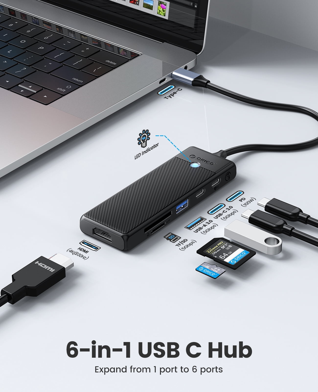 ORICO 6 IN 1 Type-C Laptop Docking Station with 4K@30HZ HDMI, PD 100W, SD/TF, USB A Port, USB C Port HUB For Windows Mac