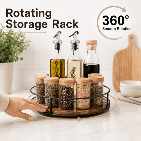 MORAVE Acacia Wood 360° Lazy Susan Turntable Organizer, 9 Inch Natural Wood Rotatable Storage for Countertop Cabinet Dining Table