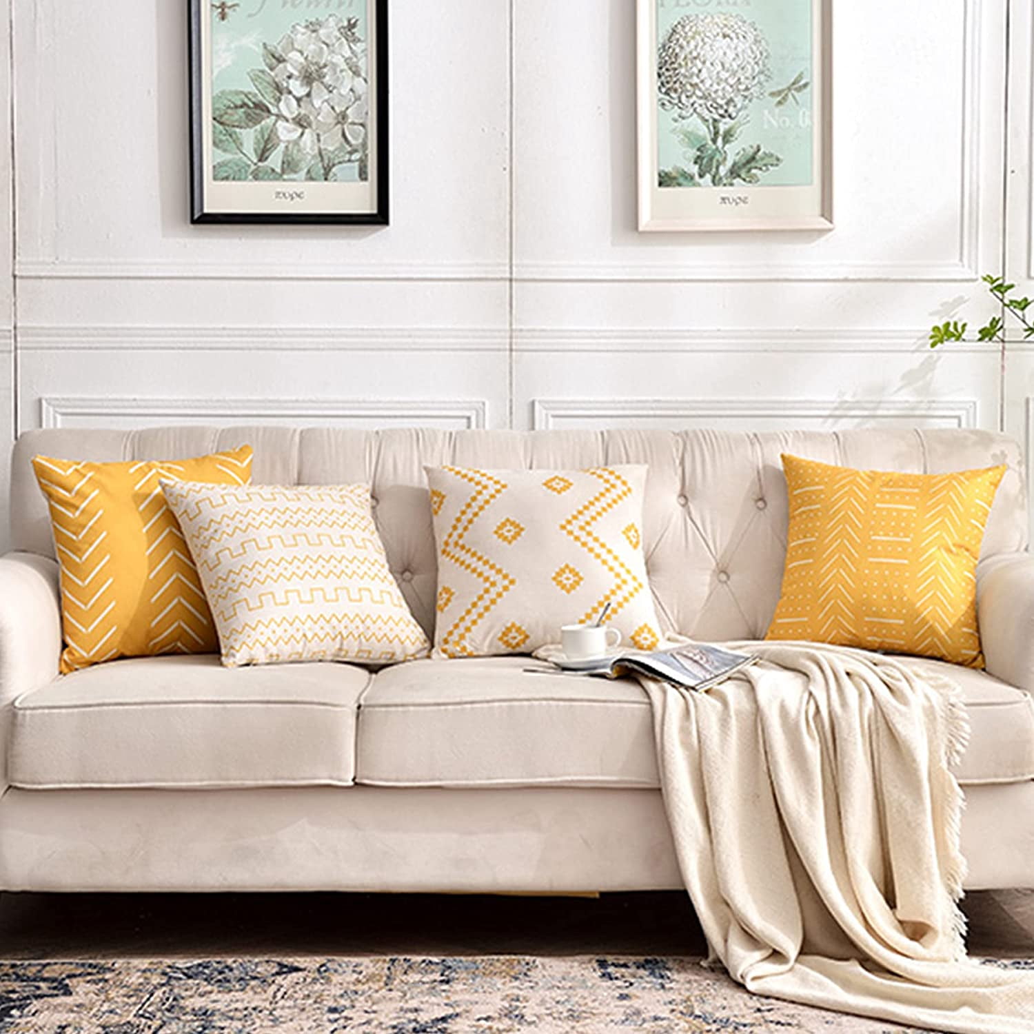 Gopenmy 2-Pack Throw Pillow Covers 18x18 Inch - Neutral Patchwork Farmhouse Style With Tassels